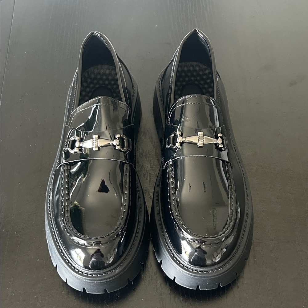 Black Patent Leather Loafers with Silver Buckle